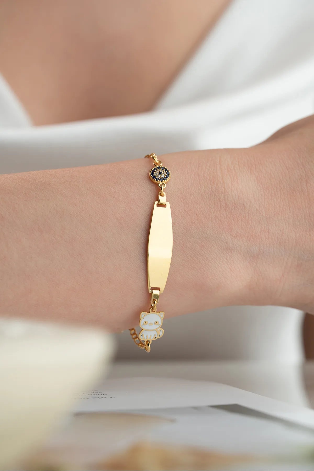 925 Sterling Silver Personalized Kids Bracelet with Cat Charm
