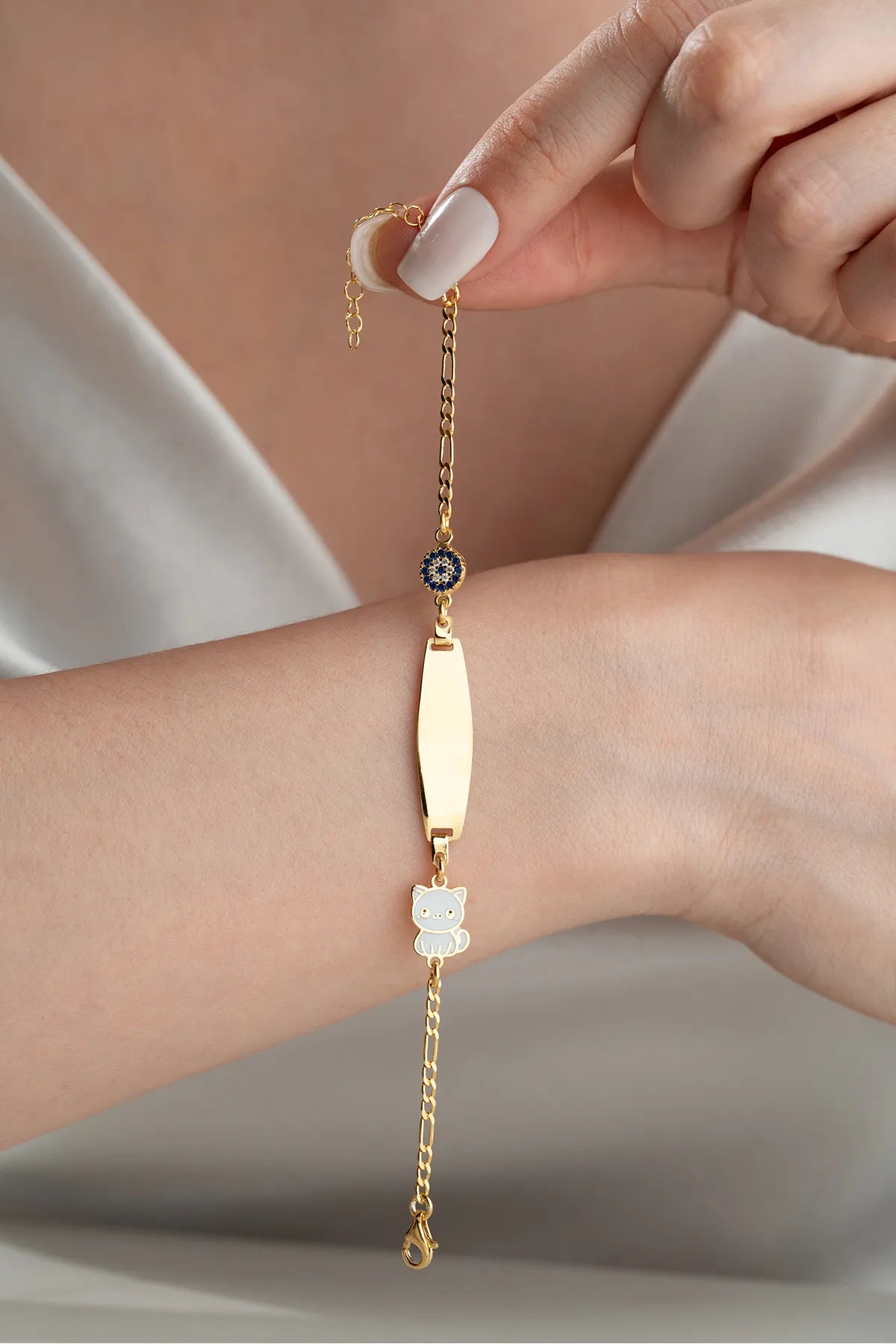 925 Sterling Silver Personalized Kids Bracelet with Cat Charm