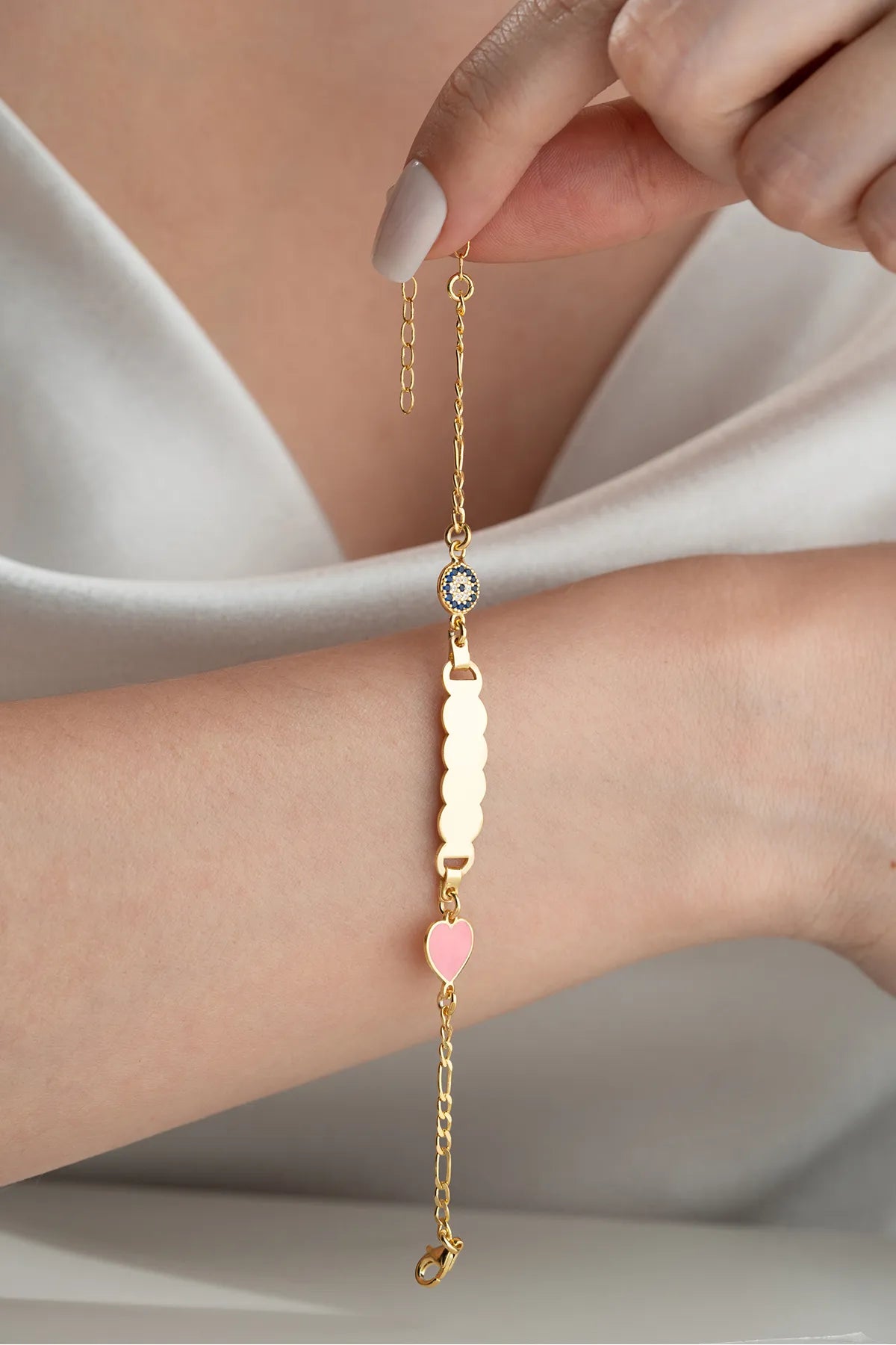 925 Sterling Silver Kids Bracelet with Name Engraving & Heart Charm