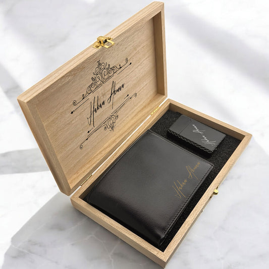 Name written leather wallet and lighter gift set