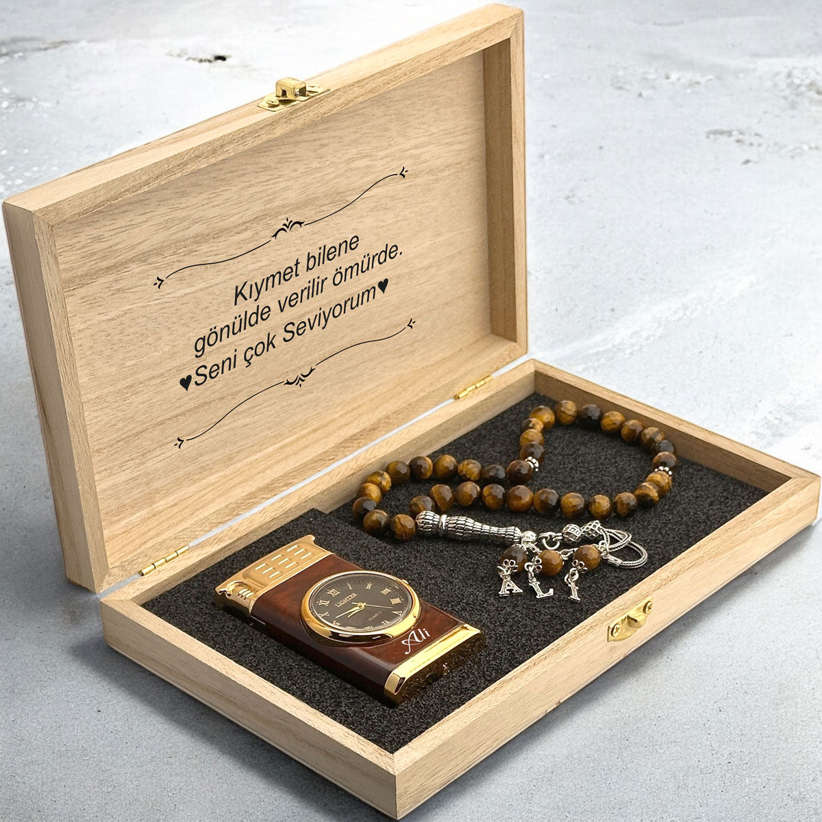 Personalized luxury gift set - lighter and silver tiger eye rosary