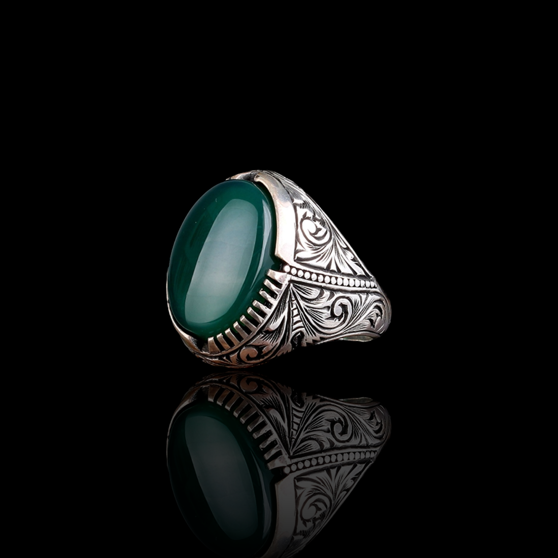 Green Agate Stone Silver Men Ring