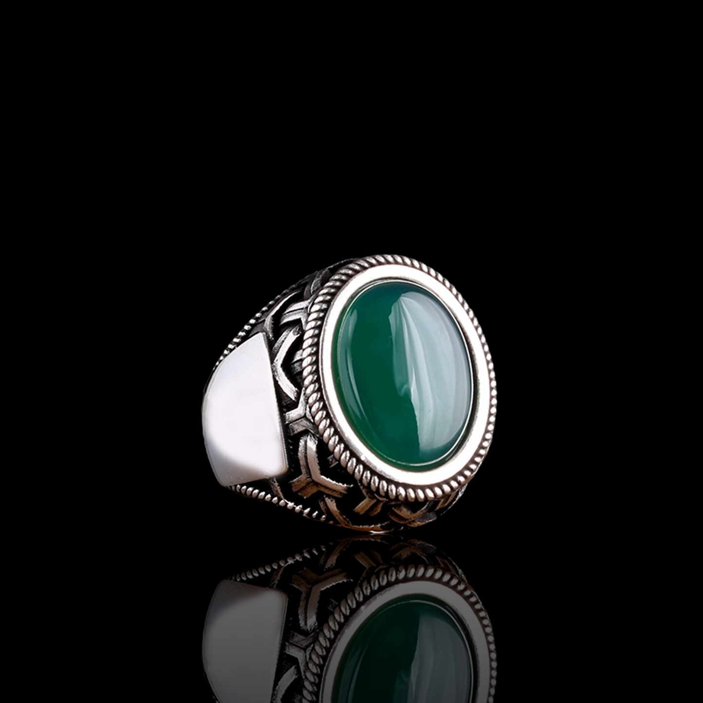 Green Agate Stone Silver Men Ring