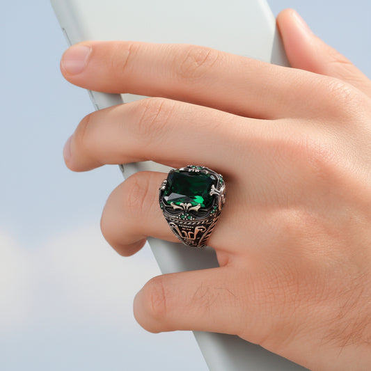 Green Zircon Stone Men's Silver Ring