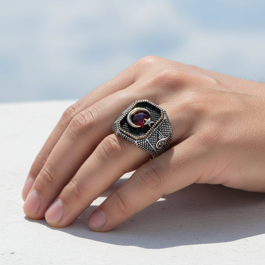 925 STERLING Silver Tuğra Moon Yıldız Anneau d'hommes