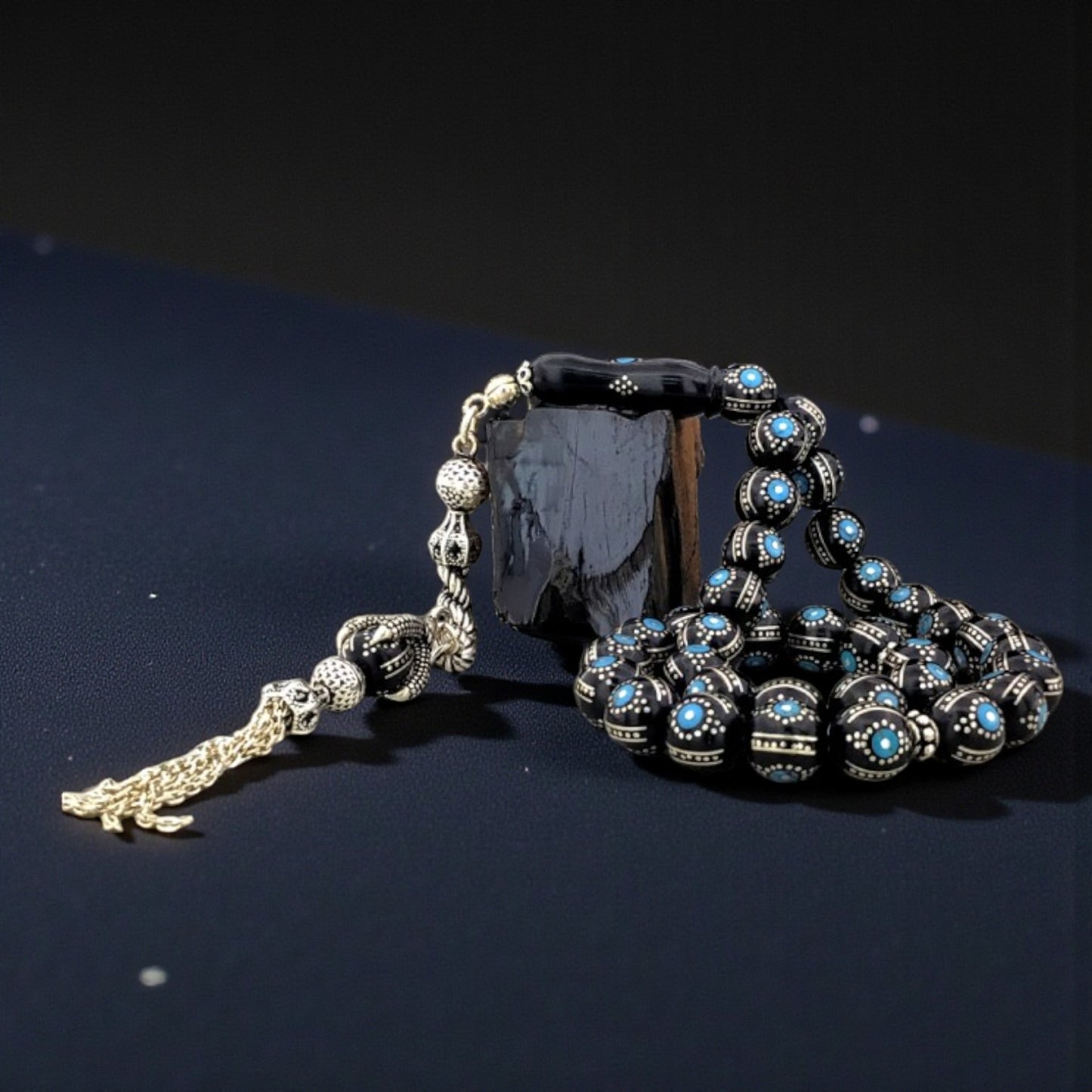 El İşçiliği Mavi Mineli Erzurum Oltu Yoğun Gümüş Işlemeli Tesbih