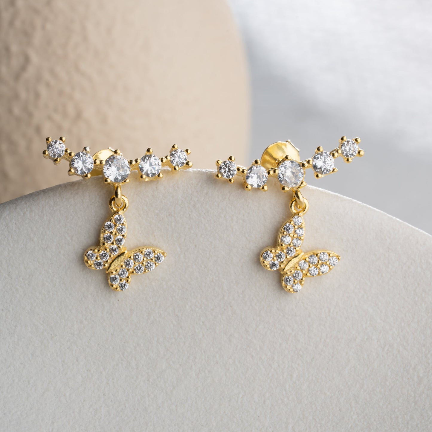 Boucles d'Oreilles Papillon avec Zircons | Argent 925 Plaqué Or
