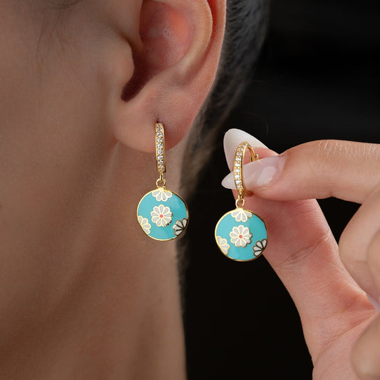 Enameled Flower Earrings - 925 Sterling Silver