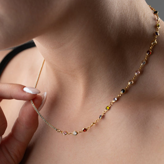 Colored Stone Chain Necklace - 925 Sterling Silver - Rainbow Shine