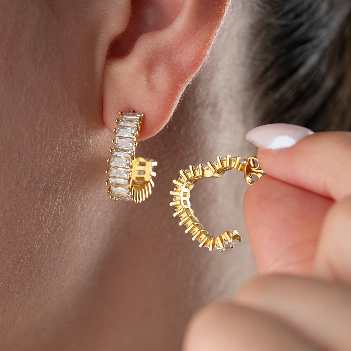 Boucles d'oreilles à anneau en pierre de zircon - 925 argent sterling - plaqué or
