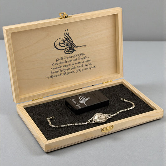 Osmanlı Tuğralı Hediye Seti – Kral Zincirli Bileklik & Çakmak