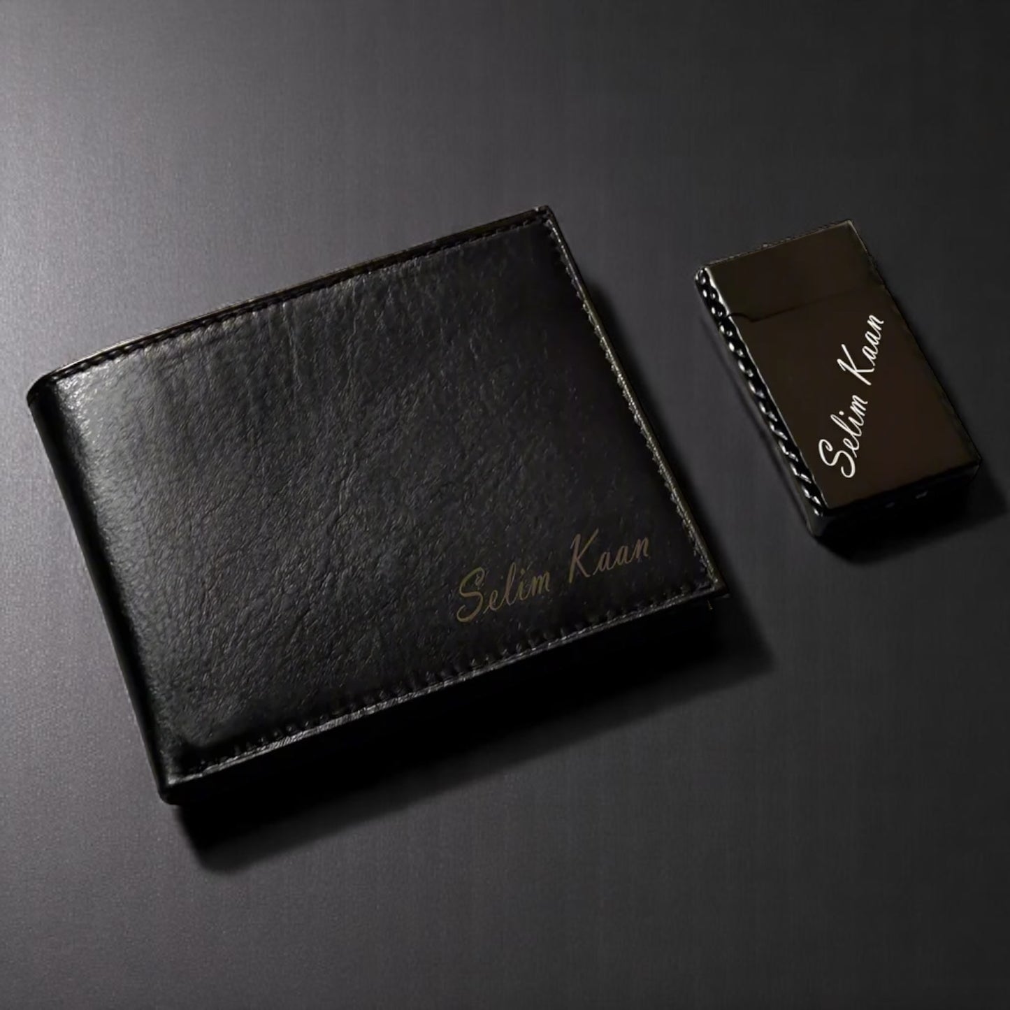 Personalized Leather Wallet Arc Lighter USB Set