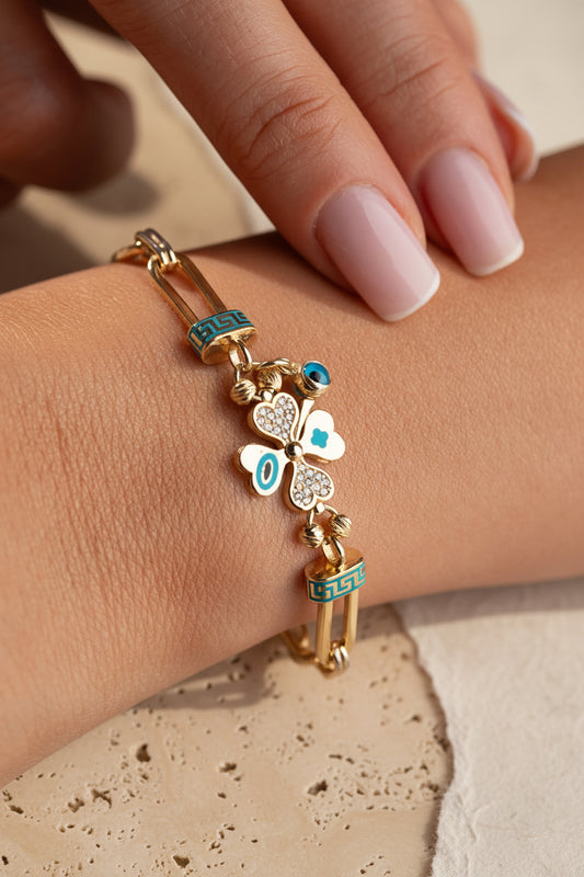 Clover Charm Bracelet with Nazar | 925 Sterling Silver
