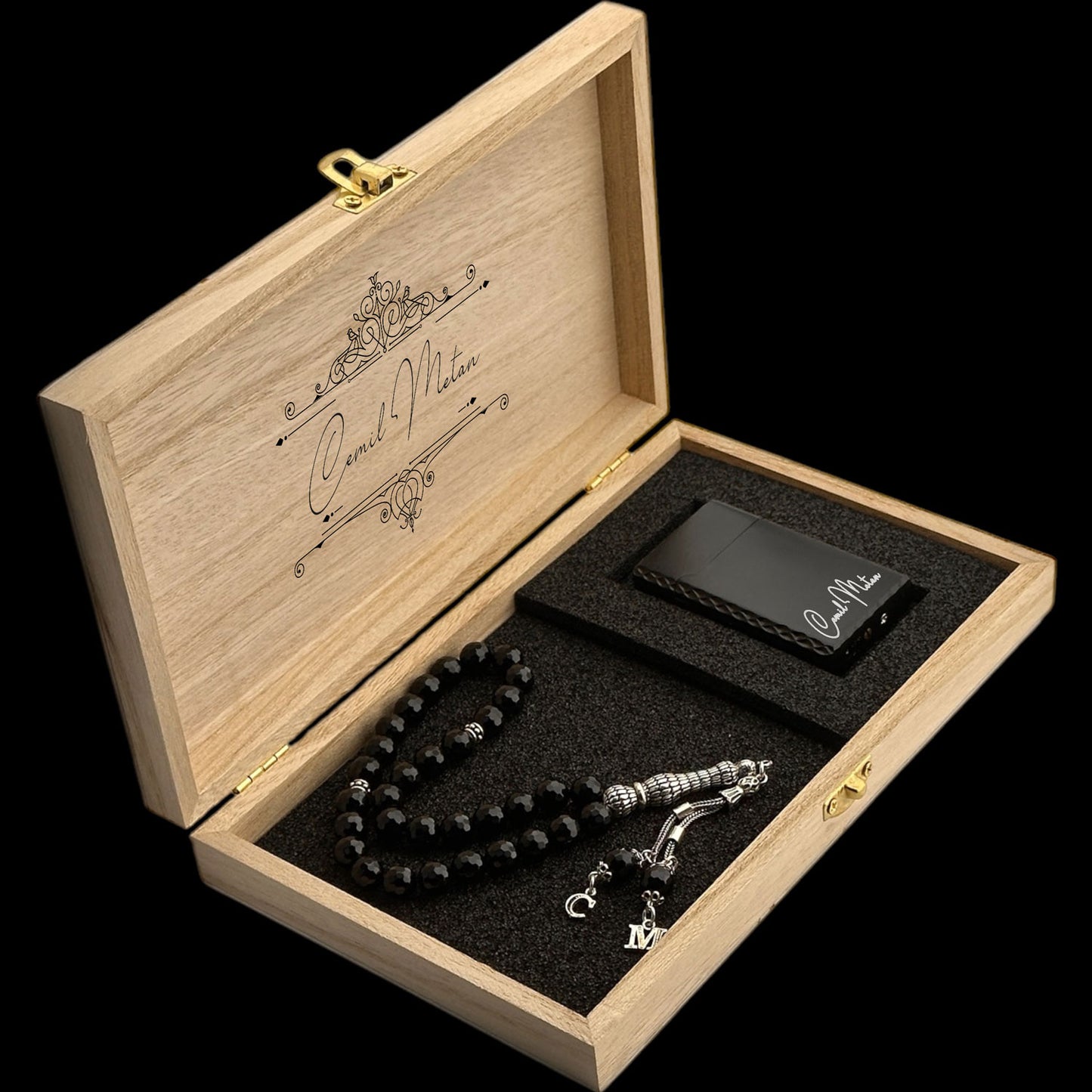 Gift Set - Personalized 8mm Onyx Stone Rosary and Steel Lighter Set