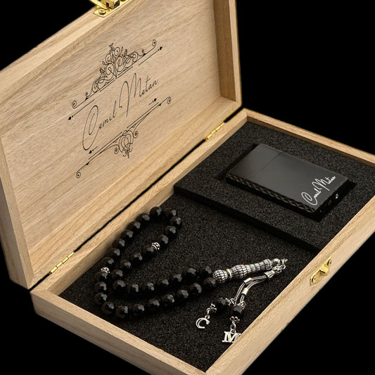 Gift Set - Personalized 8mm Onyx Stone Rosary and Steel Lighter Set