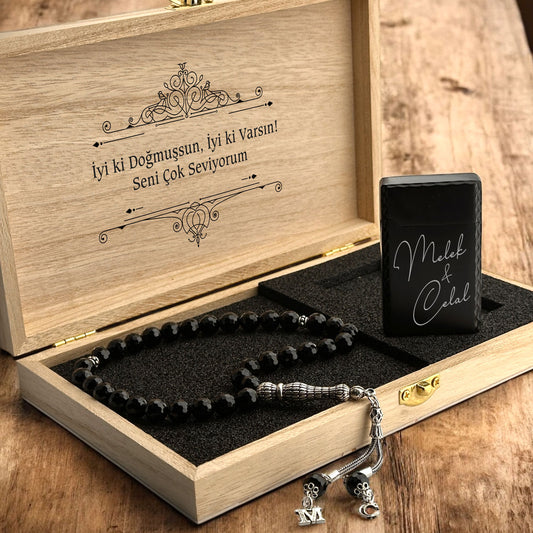 Letter with a lighter named tesbih and note written wooden box gift set