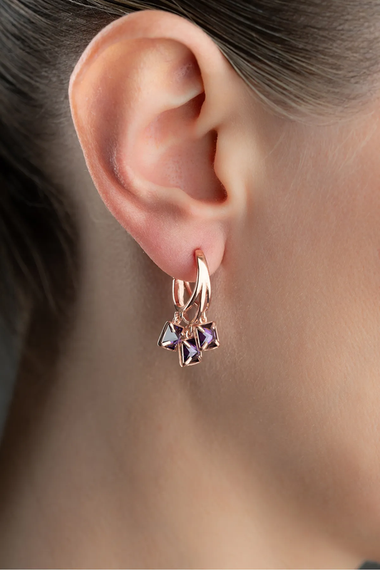 Mor Zarafet - 925 Ayar Gümüş Mor Taşlı Rose Kaplama Küpe