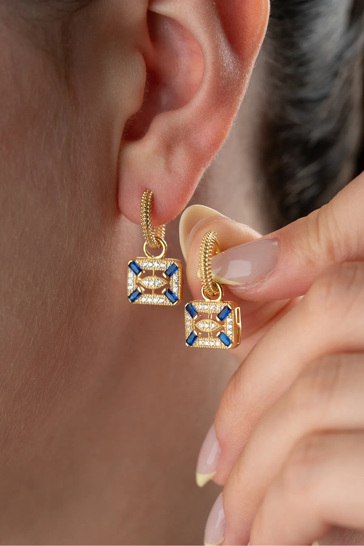 Blue Stone Square Earrings