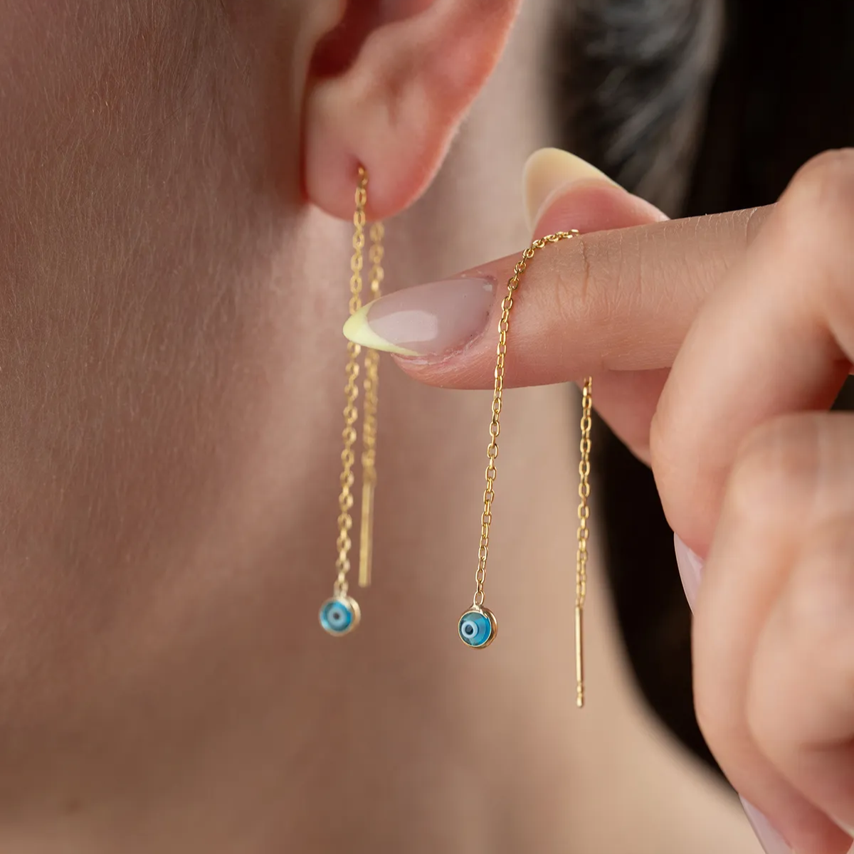 Dangling Evil Eye Chain Earrings