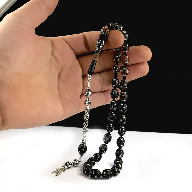 Süzme Renk Gümüş İşlemeli Ateş Kehribar Tesbih