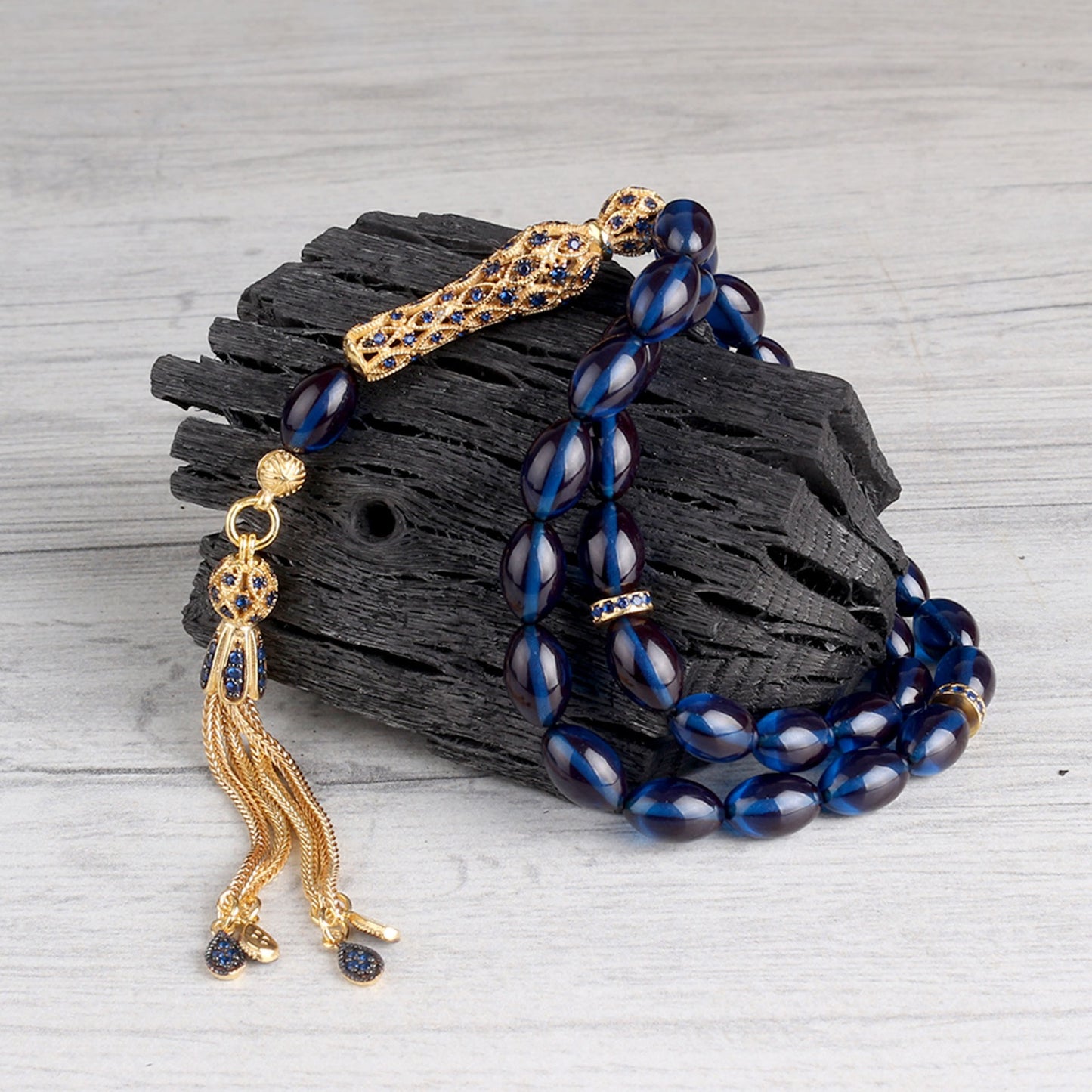 Rosaire ambariaire de feu de couleur bleue - 925 argent sterling