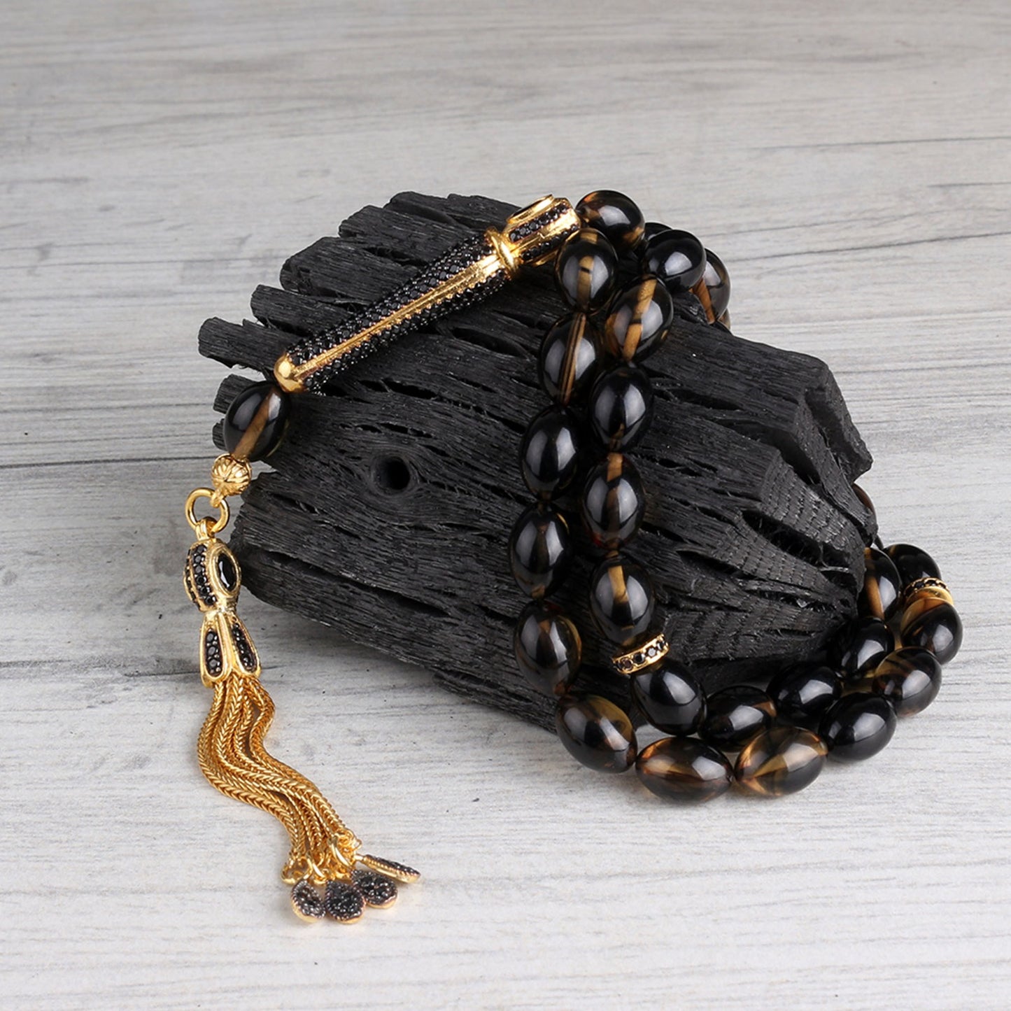 Black Yellow Yellow Fire Fire Ambar Tesbih - 925 Sterling Silver