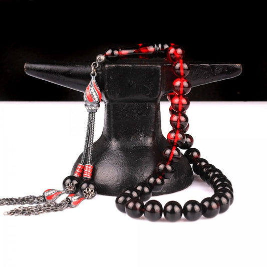 Kırmızı Mineli Gümüş Püsküllü Ateş Kehribar Tesbih