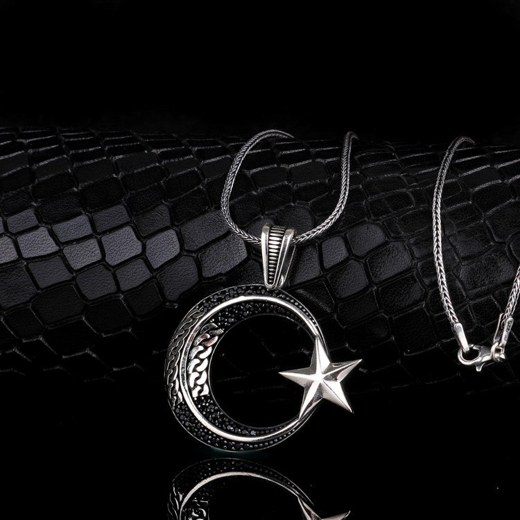 Zircon Stone Crescent Star Silver Necklace