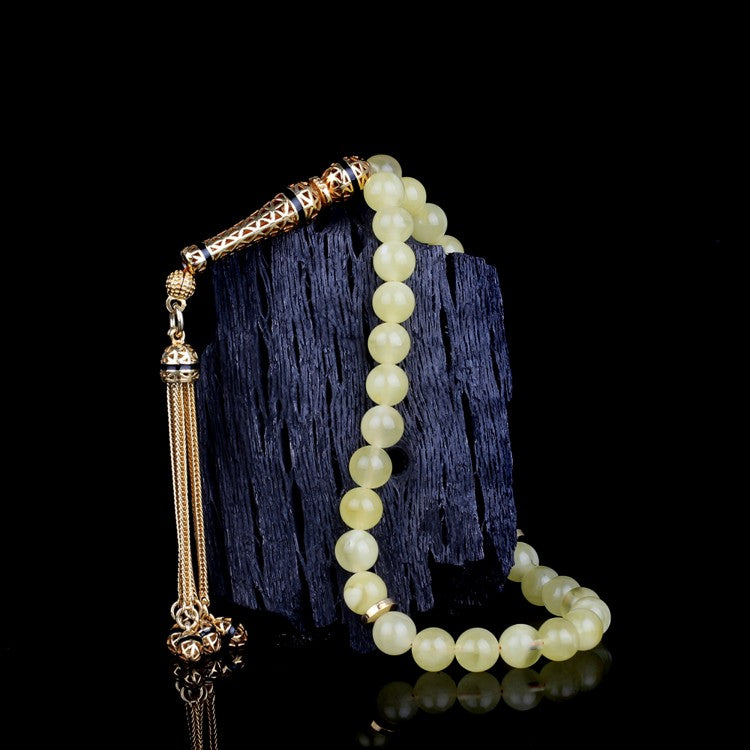 Naturbernstein-Tasbih -Gebetskette mit vergoldetem Silber und Tropfenform
