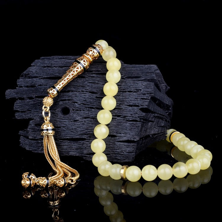 Naturbernstein-Tasbih -Gebetskette mit vergoldetem Silber und Tropfenform