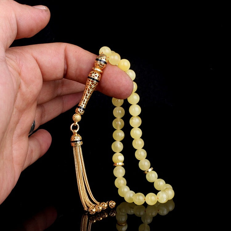 Naturbernstein-Tasbih -Gebetskette mit vergoldetem Silber und Tropfenform