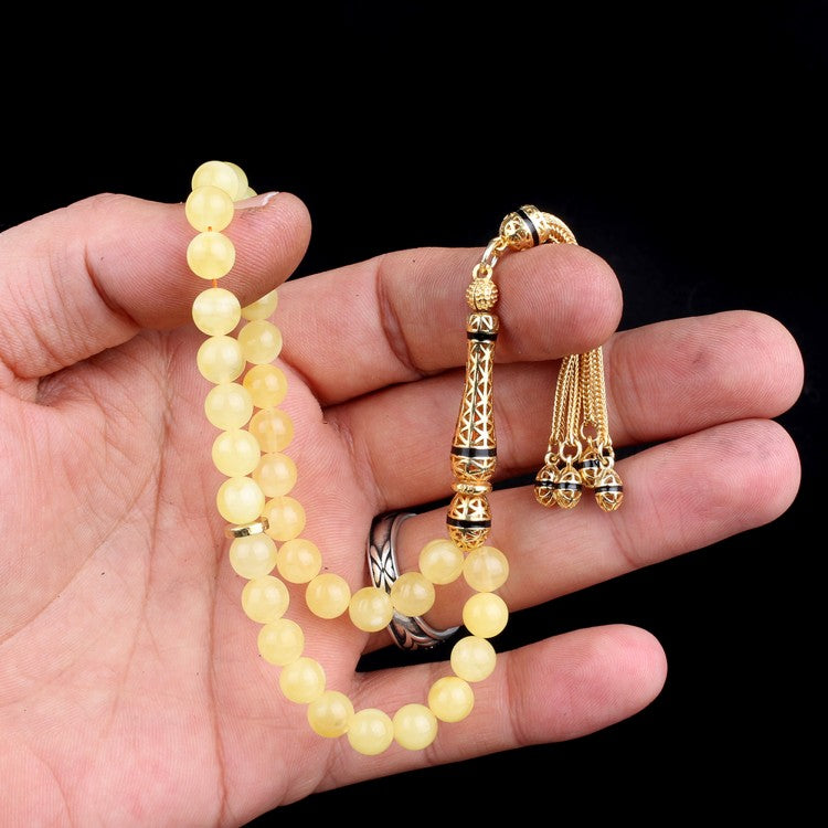 Naturbernstein-Tasbih -Gebetskette mit vergoldetem Silber und Tropfenform
