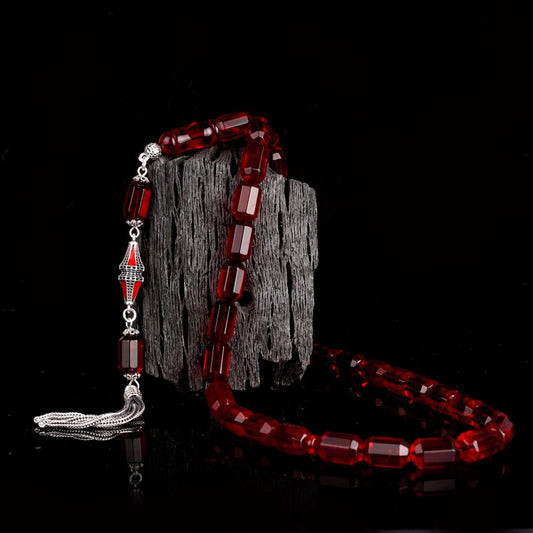Red Facet Cut Drop Amber Prayer Beads – With Silver Tassels