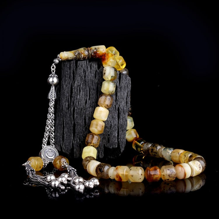 925 Sterling Silver Tassel Rosary with Cylindrical Fossil Drop Amber Beads