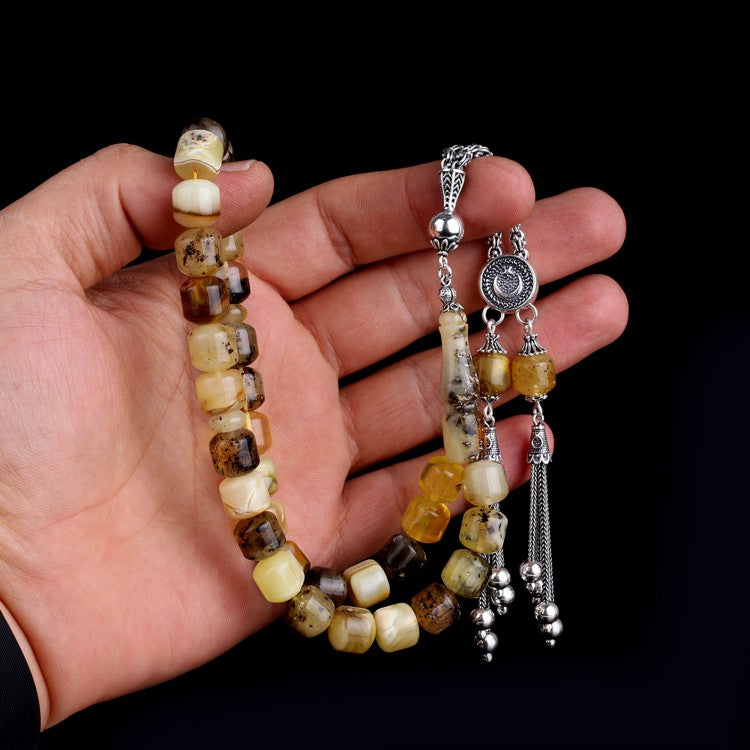 925 Sterling Silver Tassel Rosary with Cylindrical Fossil Drop Amber Beads