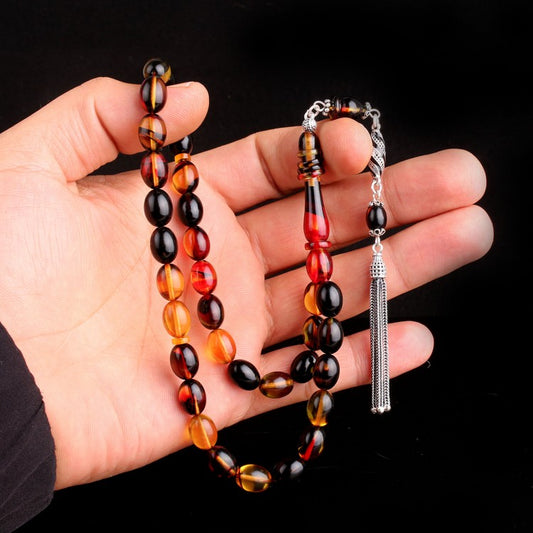 925 Ayar Gümüş Mineli Püsküllü Sarı Siyah Ateş Kehribar Tesbih