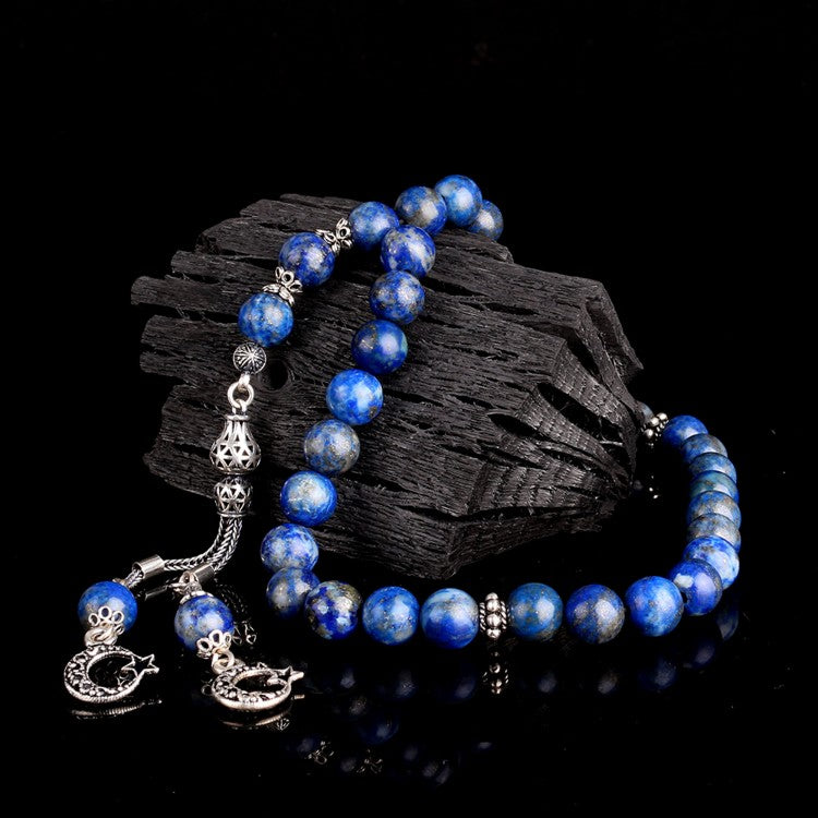 925 Sterling Silver Prayer Beads with Crescent-Star Design and Lapis Lazuli