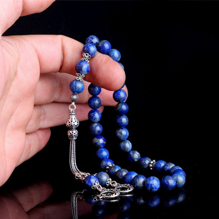 925 Sterling Silver Prayer Beads with Crescent-Star Design and Lapis Lazuli