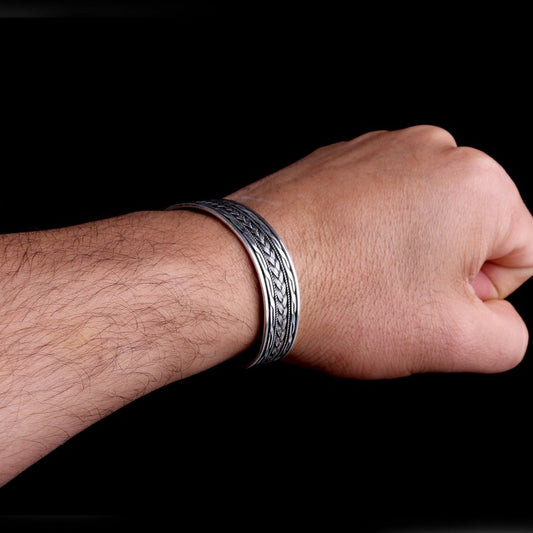 Knitting Patterned 925 Sterling Silver Men's Bracelet