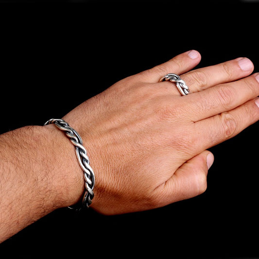 925 Sterling Silver Knitting Motif Men's Clamp Bracelet and Ring