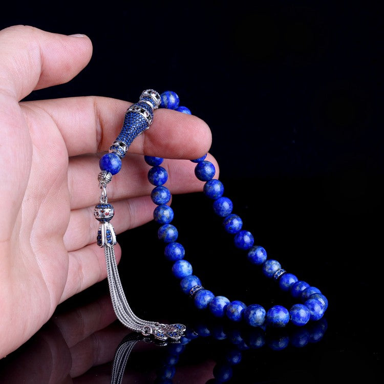 Gebetskette mit Zirkonsteinen, Silberquaste und echtem Lapislazuli