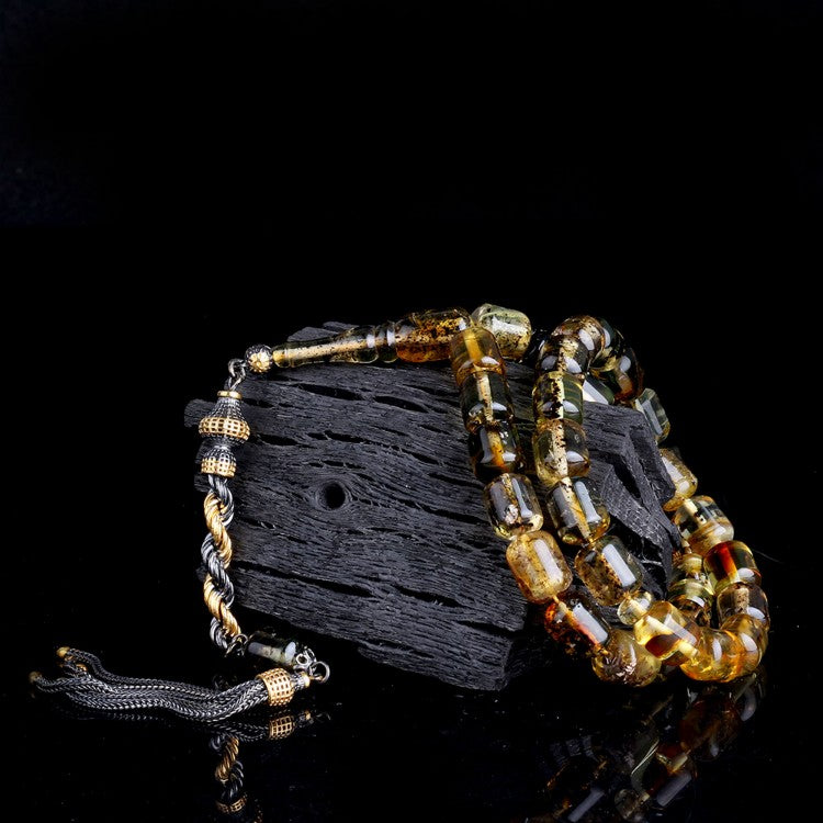 Capsule cut fossils drop amber rosary - 925 setting gumus