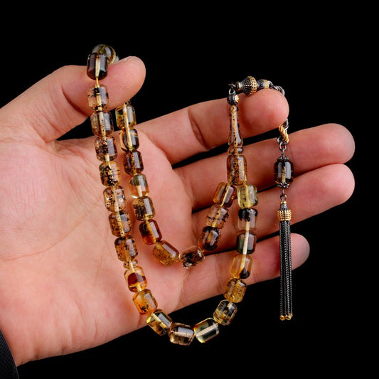 Capsule cut fossils drop amber rosary - 925 setting gumus