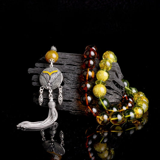 11mm strained color drop amber rosary - 925 setting gumus