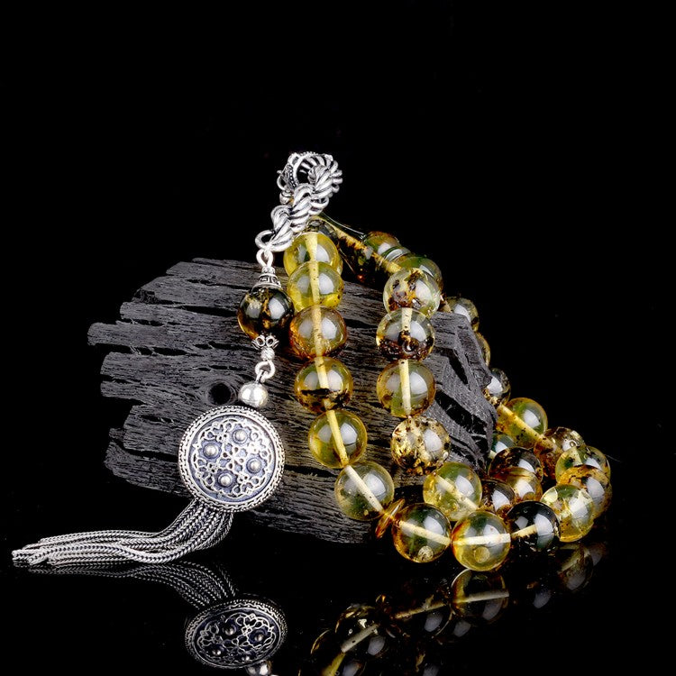 Globe cut fossil Damla Drop amber Rosary - 925 Setting Gumus