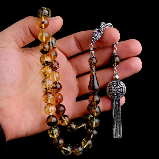 Globe cut fossil Damla Drop amber Rosary - 925 Setting Gumus