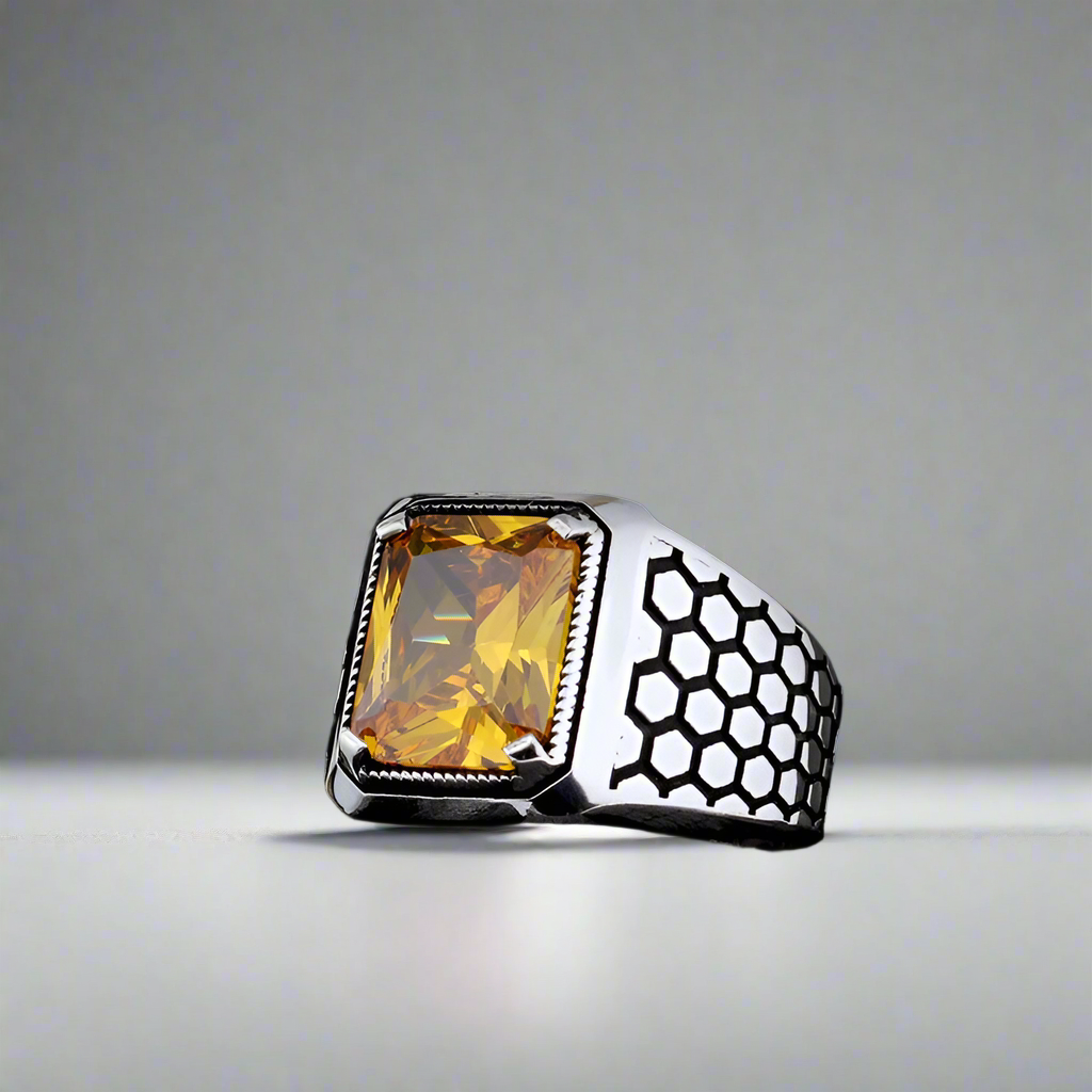 Yellow Zircon Stone Men's Silver Ring