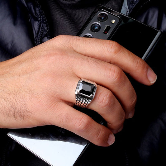 Black Zircon Stone Men's Silver Ring