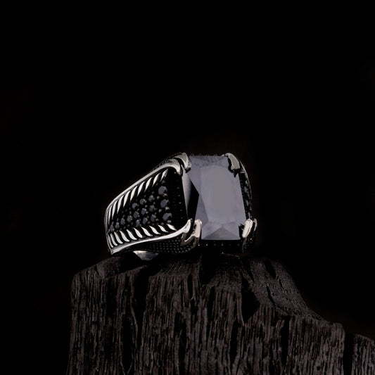 Black Zircon Stone Men's Silver Ring