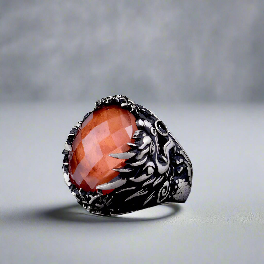 DracoFire Herrenring mit Zultaniten und Drachenmotiv aus 925er Silber